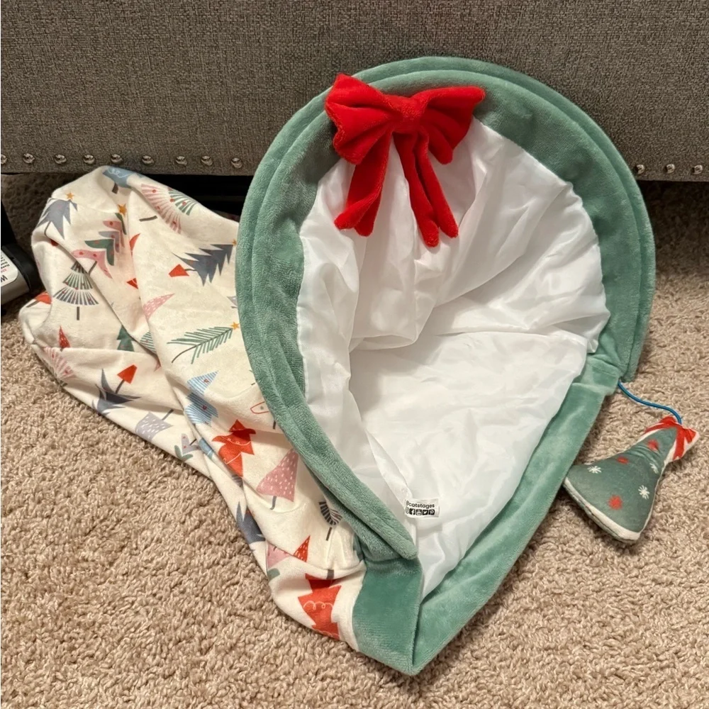 Catstage | Festive Holiday Themed Cat Bed Tent with Christmas Tree Toy